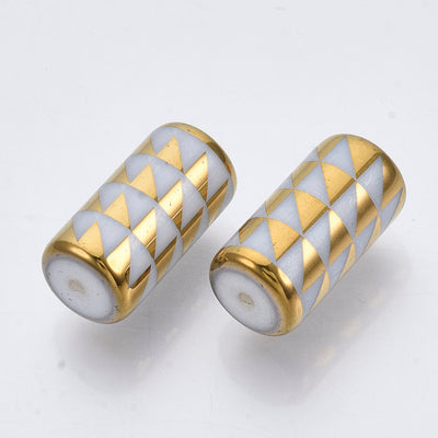 20x10mm Tube Shaped Ceramic Beads ~ White / Gold Plated Triangles ~ Pack of 2