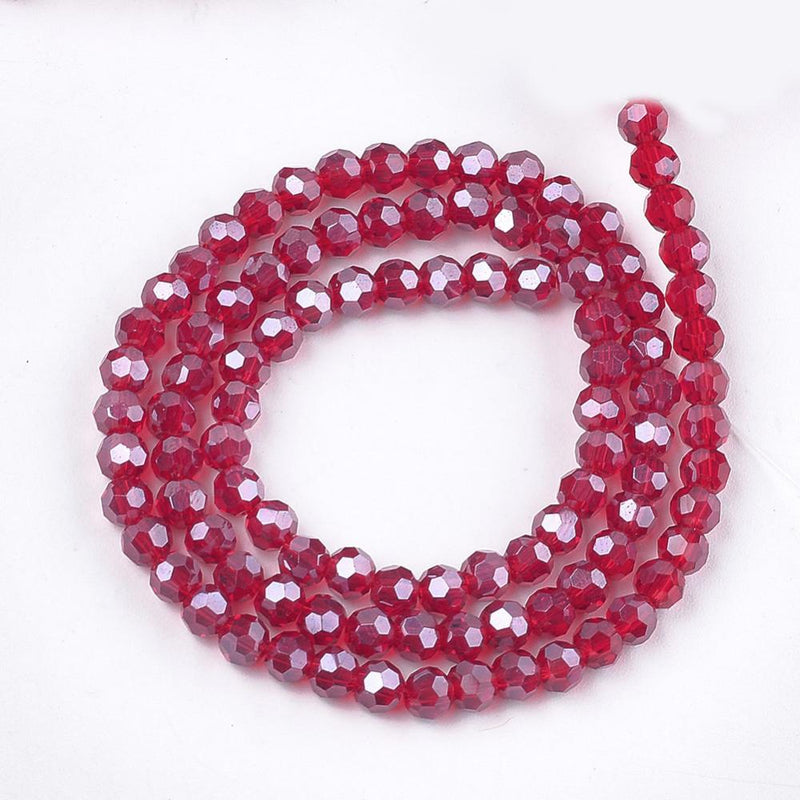 4mm Round Faceted Crystal Glass Beads ~ Lustred Dark Red ~ approx. 100 beads/string