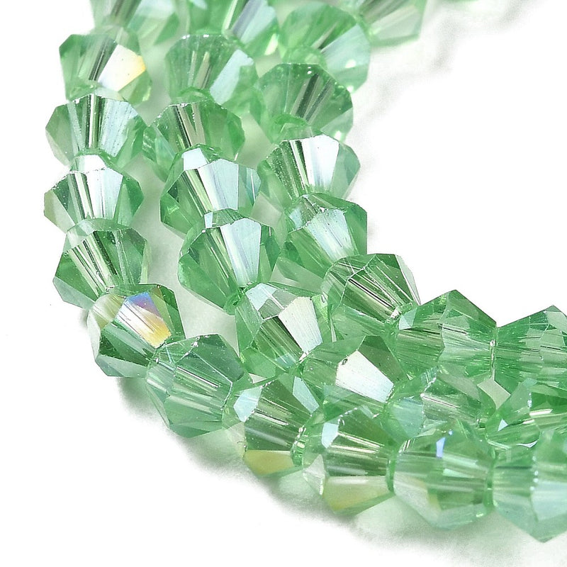 1 Strand of 3mm Glass Bicones ~ Light Green AB ~ approx. 115 beads