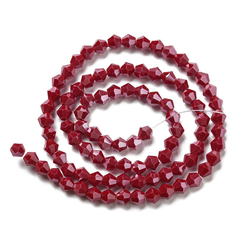 4mm Glass Bicones ~ Opaque Lustred Dark Red ~ approx. 87 beads/string