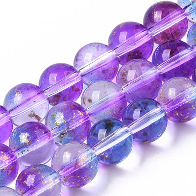 8mm Round Spray Painted Glass Beads ~ Blue/Fuchsia and Gold ~ approx. 46 beads / string