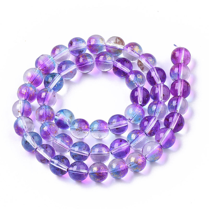 8mm Round Spray Painted Glass Beads ~ Blue/Fuchsia and Gold ~ approx. 46 beads / string