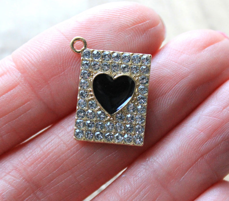 20x16mm Gold Plated Black Enamel Heart Pendant with Crystals