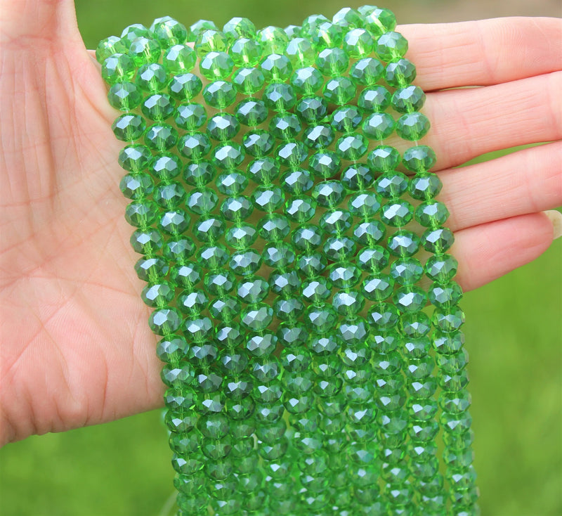 1 Strand of 8x6mm Faceted Glass Rondelle Beads ~ Lustred Green ~ approx. 72 beads