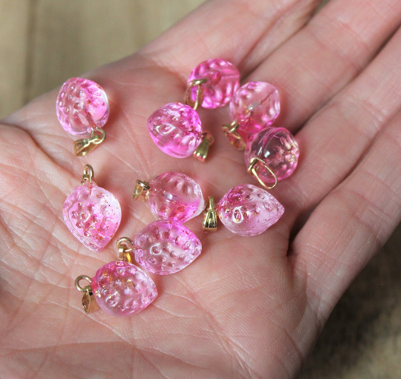 17x11mm Glass Strawberry Pendant with Gold Plated Bail ~ Pink