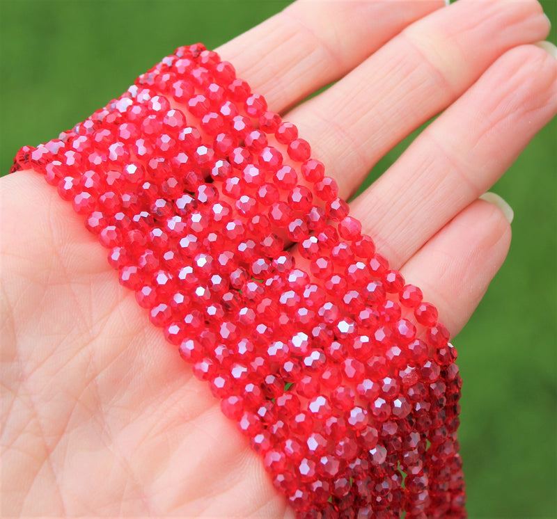 4mm Round Faceted Glass Beads ~ Lustred Red ~ approx. 100 beads/string