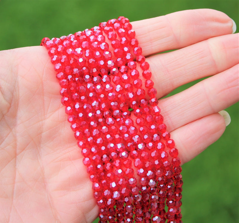 4mm Round Faceted Glass Beads ~ Lustred Red ~ approx. 100 beads/string