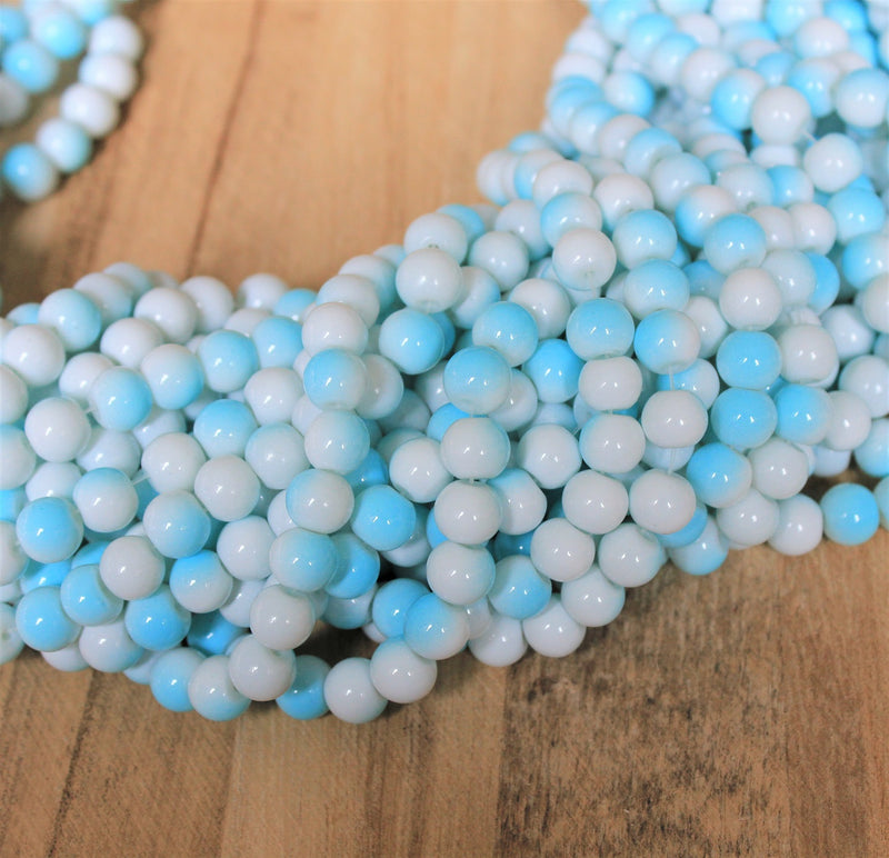 8mm Round Two-Colour Glass Beads ~ White and Light Blue ~ approx. 100 beads