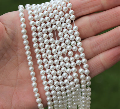 4mm Round Natural Shell Pearl Beads ~ White ~ approx. 95 beads/string
