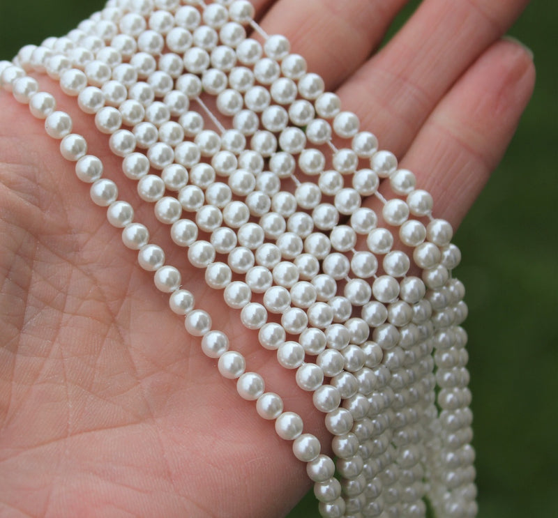 4mm Round Natural Shell Pearl Beads ~ White ~ approx. 95 beads/string