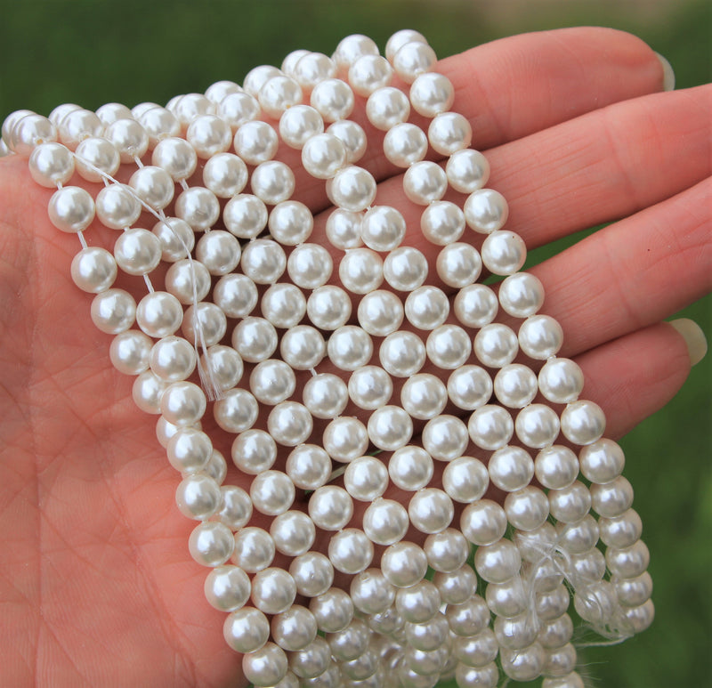6mm Round Natural Shell Pearl Beads ~ White ~ approx. 62 beads/string