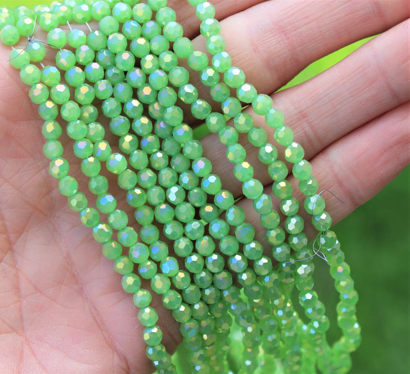 4mm Round Faceted Glass Beads ~ Lustred Light Jade Green ~ approx. 95 beads/string