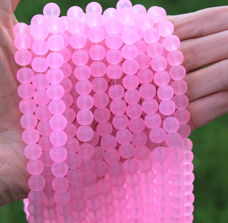 1 Strand x Frosted Round Glass Beads - 8mm - Pink - approx. 99 beads