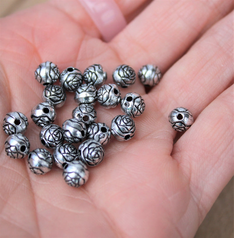 6mm Vintage Style Acrylic Rose Flower Beads ~ Antique Silver ~ Pack of 100