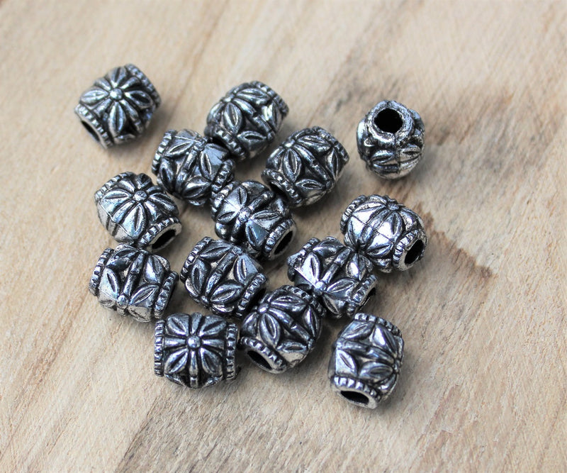 11x10mm Vintage Style Large Hole Acrylic Barrel Shape Beads ~ Antique Silver ~ Pack of 20