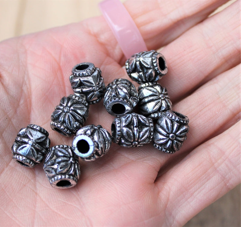 11x10mm Vintage Style Large Hole Acrylic Barrel Shape Beads ~ Antique Silver ~ Pack of 20