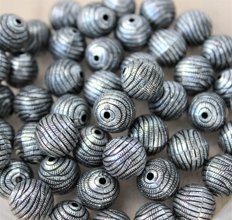 12mm Round Vintage Style Acrylic Beads ~ Antique Silver ~ Pack of 10