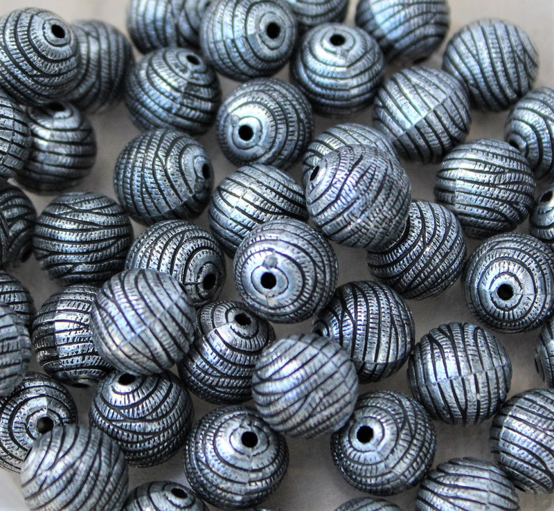12mm Round Vintage Style Acrylic Beads ~ Antique Silver ~ Pack of 10