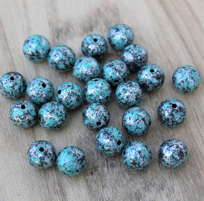 11mm Round Vintage Style Acrylic Beads ~ Turquoise and Silver ~ Pack of 20