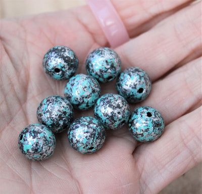 11mm Round Vintage Style Acrylic Beads ~ Turquoise and Silver ~ Pack of 20