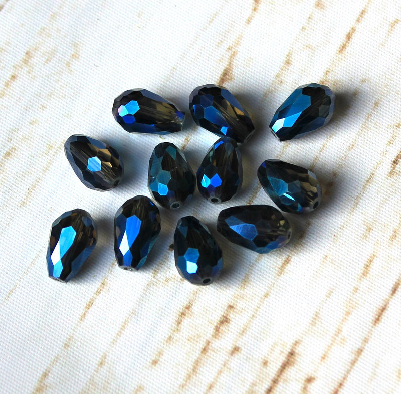 2 x Faceted Glass Drop Beads ~ 15x10mm ~ Electroplated Blue