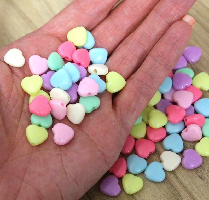 11mm Acrylic Heart Beads ~ Mixed Colours ~ Pack of 40