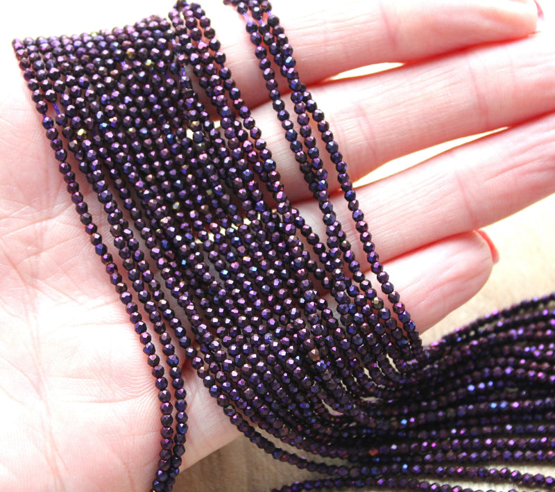 2mm Round Electroplated Faceted Glass Beads ~ Purple ~ approx. 200 beads / string