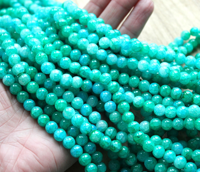 8mm Round Spray Painted Crackle Pattern Glass Beads ~ Sea Green ~ approx. 100 beads/string