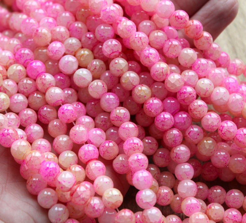 8mm Round Spray Painted Crackle Pattern Glass Beads ~ Pink ~ approx. 100 beads/string