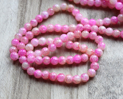 8mm Round Spray Painted Crackle Pattern Glass Beads ~ Pink ~ approx. 100 beads/string