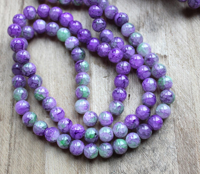 8mm Round Spray Painted Crackle Pattern Glass Beads ~ Purple ~ approx. 100 beads/string