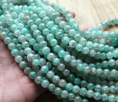8mm Round Spray Painted Crackle Pattern Glass Beads ~ Light Turquoise ~ approx. 100 beads/string