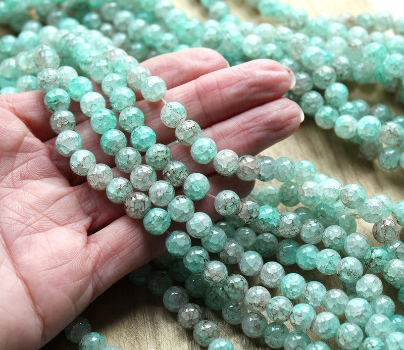 8mm Round Spray Painted Crackle Pattern Glass Beads ~ Light Turquoise ~ approx. 100 beads/string