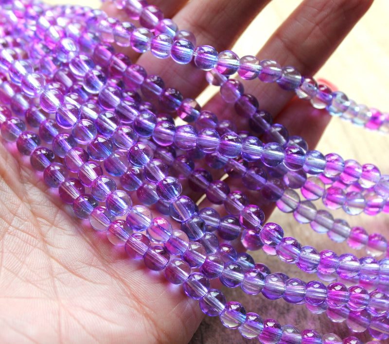 6mm Round Spray Painted Glass Beads ~ Violet and Fuchsia ~ approx. 65 beads / string