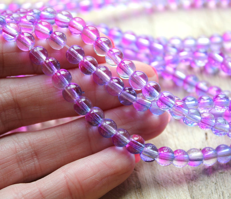 6mm Round Spray Painted Glass Beads ~ Violet and Fuchsia ~ approx. 65 beads / string