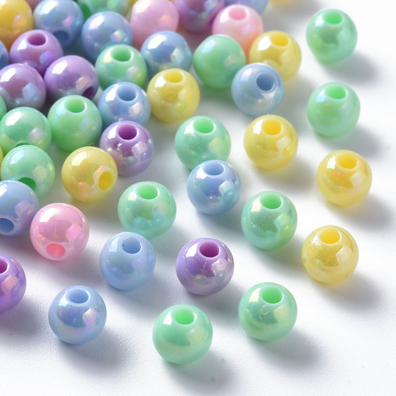 6mm Round Acrylic Beads ~ Opaque Lustred Pastel Colours Mix ~ 100 Beads