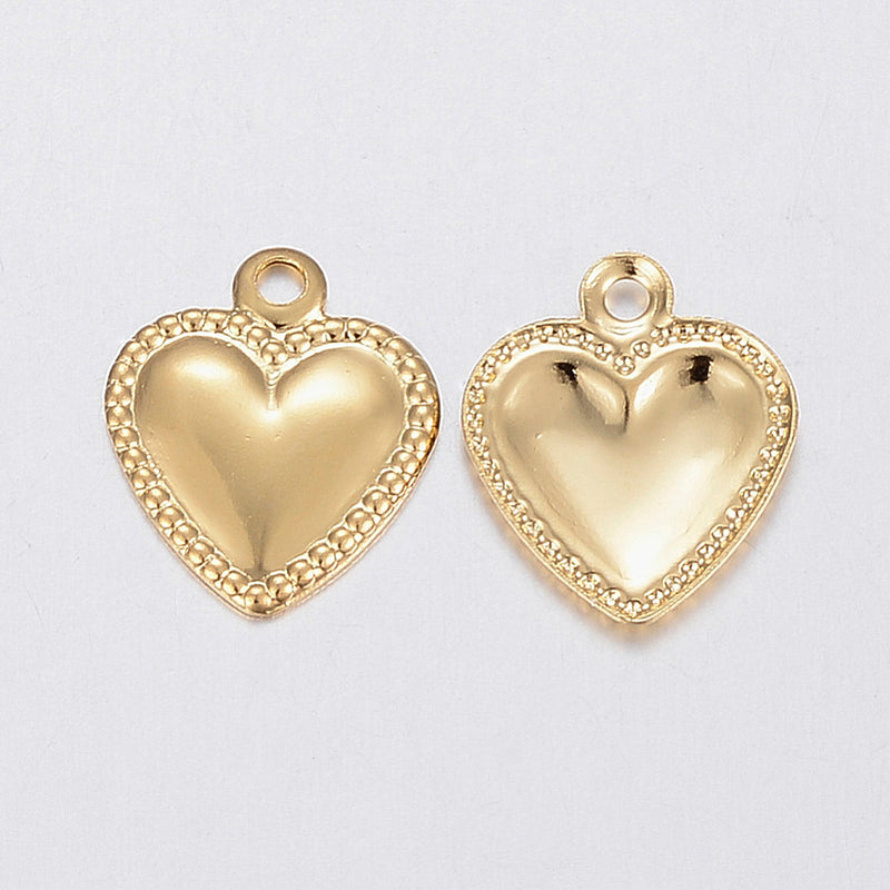 18K Gold Plated Stainless Steel Heart Charms ~ 10x8mm ~ Pack of 5