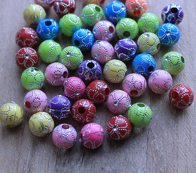 The Bead Store 10mm Round Acrylic Silver Flower Beads ~ Mixed Colours ~ Pack of 10