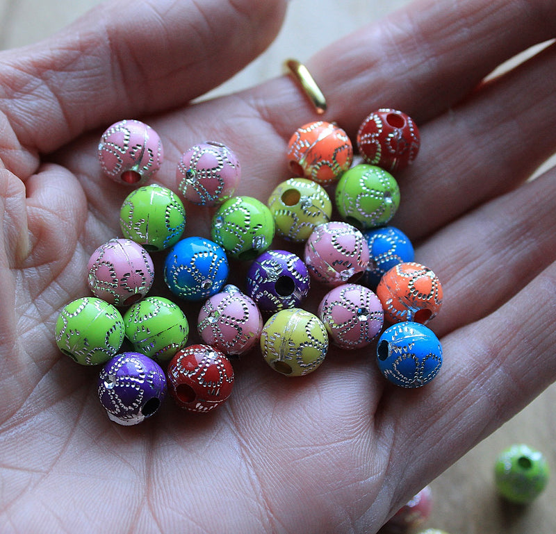 The Bead Store 10mm Round Acrylic Silver Flower Beads ~ Mixed Colours ~ Pack of 10