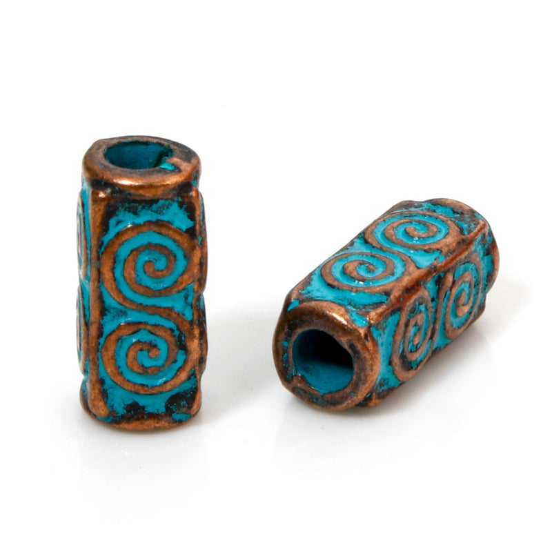 The Bead Store 10x5mm Antique Copper and Blue Patina Cylinder Beads ~ Pack of 10