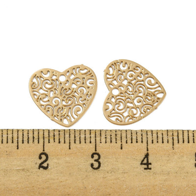 The Bead Store 12mm Gold Plated Tarnish Resistant Brass Filigree Heart Charms