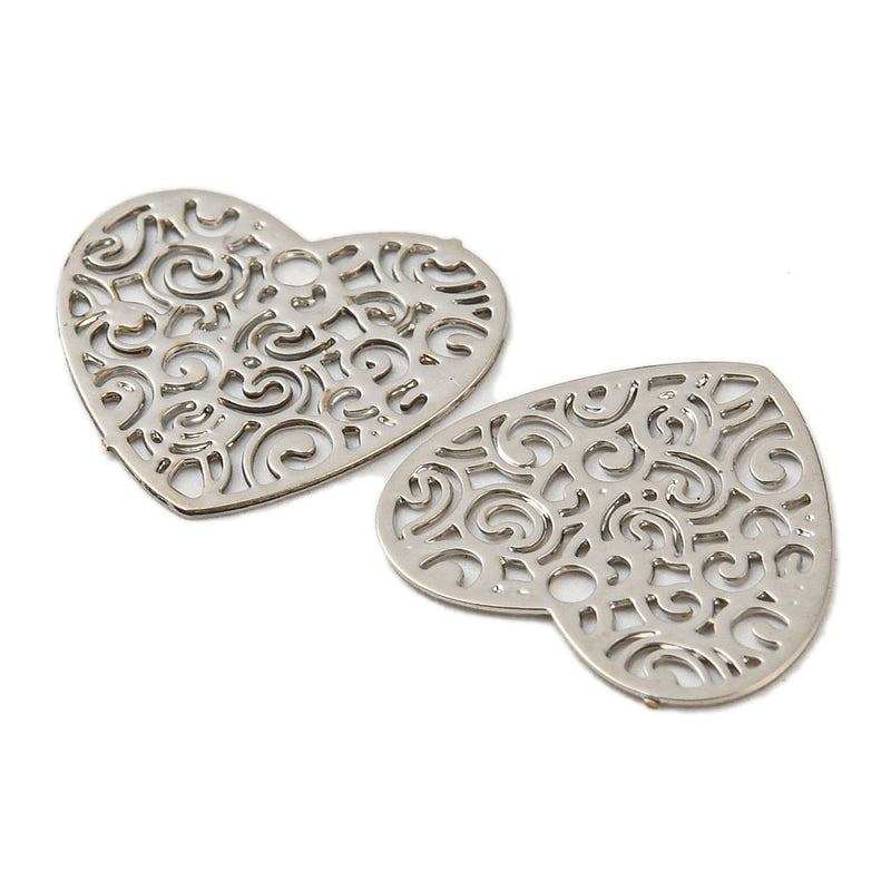 The Bead Store 12mm Rhodium Plated Tarnish Resistant Brass Filigree Heart Charms
