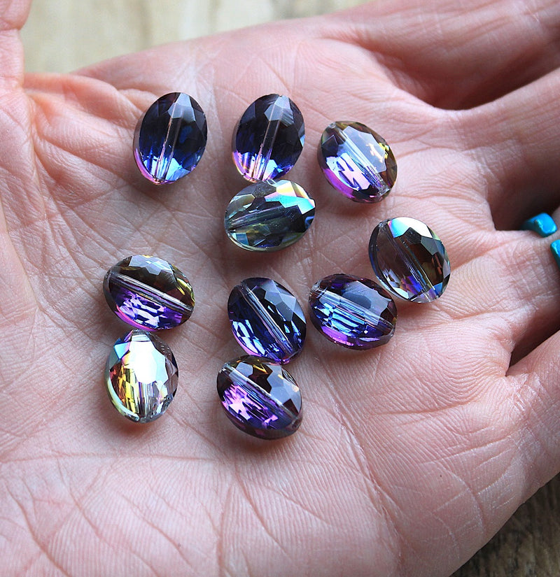 The Bead Store 12x9mm Flat Oval Faceted Crystal Glass Bead ~ Purple Rainbow