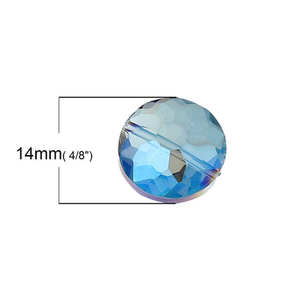 The Bead Store 14mm Flat Round Crystal Glass Beads ~ Blue AB ~ pack of 2