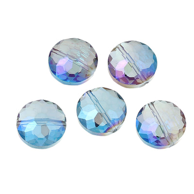The Bead Store 14mm Flat Round Crystal Glass Beads ~ Blue AB ~ pack of 2