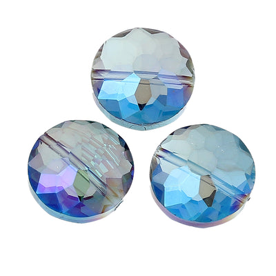 The Bead Store 14mm Flat Round Crystal Glass Beads ~ Blue AB ~ pack of 2