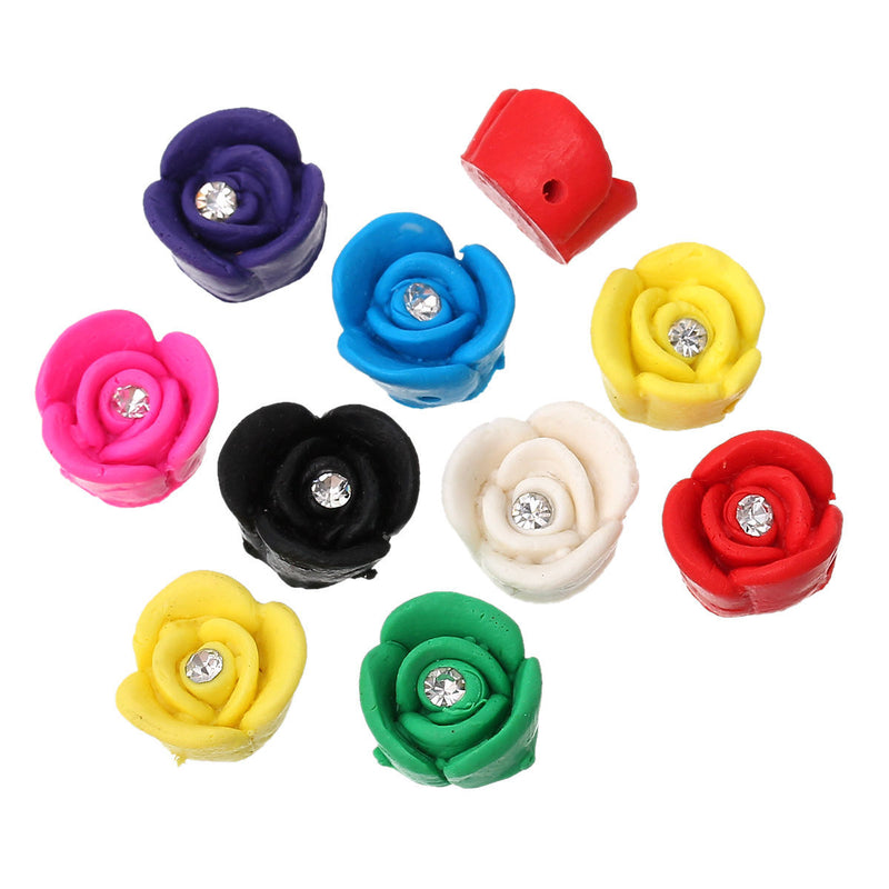 The Bead Store 14mm Handmade Polymer Clay Flower Beads with Crystal ~ Mixed Colours 