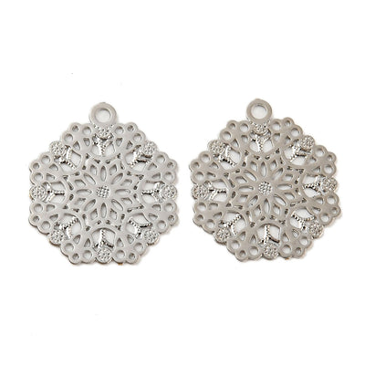 The Bead Store 14mm Rhodium Plated Tarnish Resistant Brass Filigree Flower Charms
