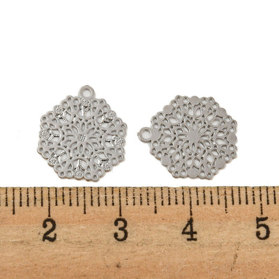 The Bead Store 14mm Rhodium Plated Tarnish Resistant Brass Filigree Flower Charms
