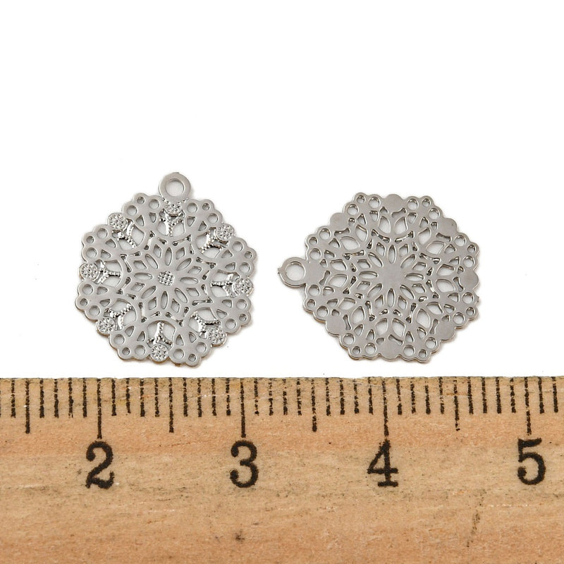 The Bead Store 14mm Rhodium Plated Tarnish Resistant Brass Filigree Flower Charms